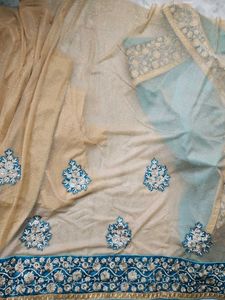 Blue N Golden Sari With Blouse