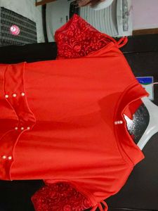 Red Dress with Lace Sleeves