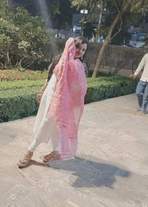 Elegant White Kurta with Pink Dupatta