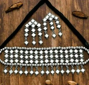 oxidised multilayered mirror choker necklace set