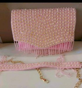 Pink Beaded Fringe Evening Bag with Chain Strap