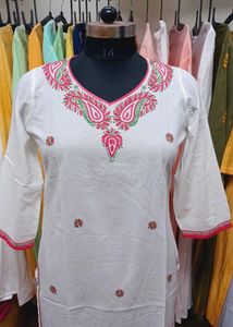 White CHIKANKARI EMBROIDERY KURTI Pink Threads