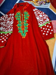 Red Embroidered Ethnic Kurta