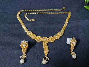 Gold &amp; Pearl Necklace With Earrings