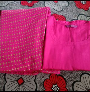 Libas women pink &amp; golden block print layered A-line kurta