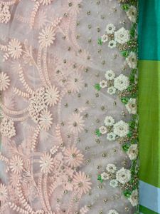 Peach Embroidery Net Sari