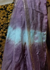 Purple and White Tie-Dye Dupatta with Gold Accents