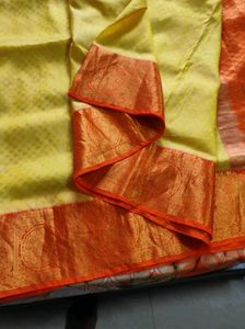 Lime Yellow And Orange Pure Kanchipuram Silk Saree
