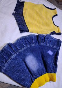 Denim Skirt with Yellow Waistband