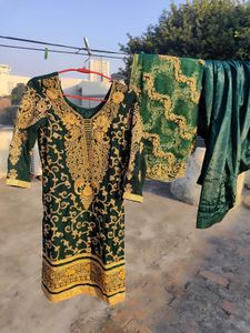 Bottle Green &amp; Gold Embroidered Salwar Kameez
