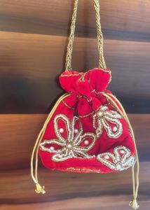Red Beaded Velvet Potli Bag