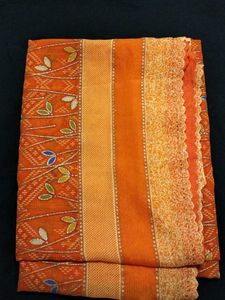 Orange Leaf Print Sari with Lace Border