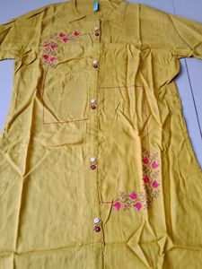 Yellow Kurta With Pink Embroidery, Front Slit