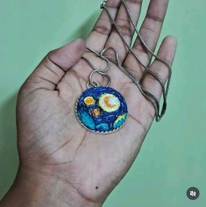Hand Embroidered Starry Night Pendant Necklace 🌀