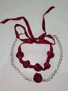 ZARA Red Rose Ribbon &amp; Rhinestone Necklace
