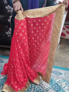 Red &amp; Gold Floral Saree Fabric