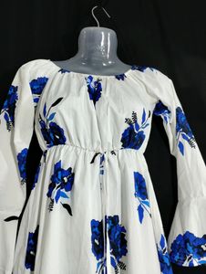 White And Blue Floral Printed Dress (Women)