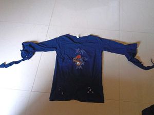 Blue Embroidered Bell Sleeve Top