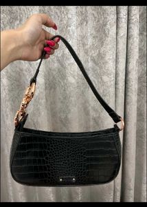 Black Croc Embossed Shoulder Bag