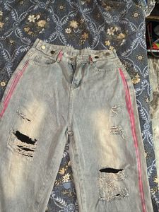 Distressed Jeans with Pink Stripe