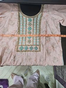 Koskii Peach Kurta With Contrasting Green Bottom