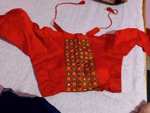 Red Embroidered High Neck Crop Top