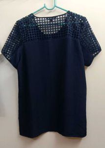 Navy Blouse with Lace Shoulder Detail