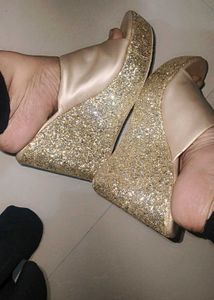 golden shimmer wedge heel sandal