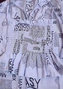 Blue Shirred Text Print Top With Shirt