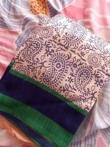 cotton blend, cream saree with blue print and blue and green border, new with blouse piece attached