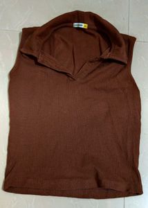 Casual Sleevless Collared Coffee Brown Top
