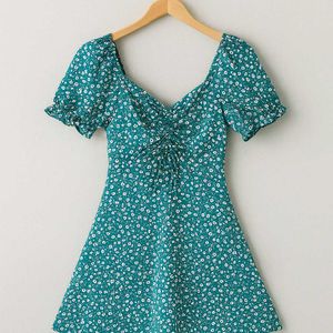 Teal Floral Smocked Mini Dress with Puff Sleeves