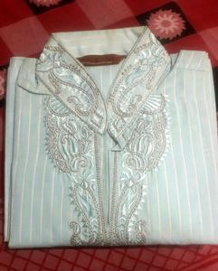 Light Sea Green Color Men&#39;s Cotton Kurta With Embroidery On Collar and Neck