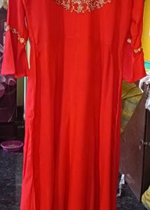 Red &amp; Gold Embroidered Anarkali Dress
