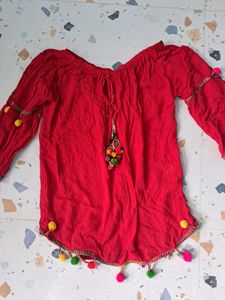 Red Tunic Top with Colorful Pom-Pom Trim💗