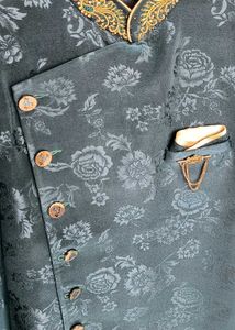 Dark Teal Floral Embossed Sherwani
