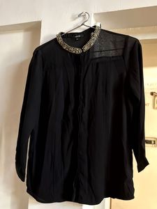 Elegant Black Embellished Collar Shirt
