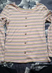 Striped Button-Front Long Sleeve Top