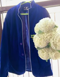 Navy Blue Velvet Coat Casual Regular Wear