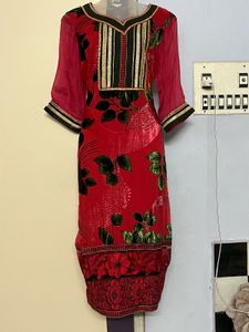 Velvet Designer Red Floral Kurta