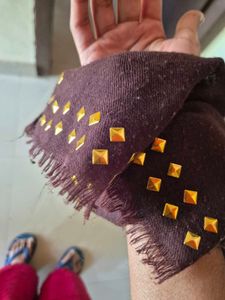 Luxury Brown Woolen Shawl with Gold Embellishments