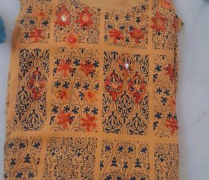 Mustard Block Print Kurti with Mirror &amp; Thread Emb