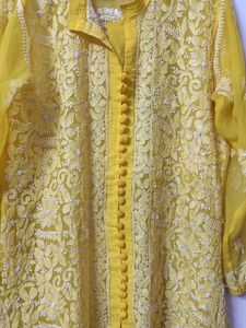 Lucknow Chikankari  Embroidery Yellow Short Kurta