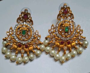 Temple Design Stone And Pearl Earrings