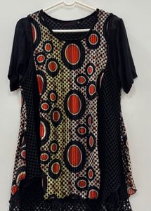 Black & Multicolor Printed Net Layered Top