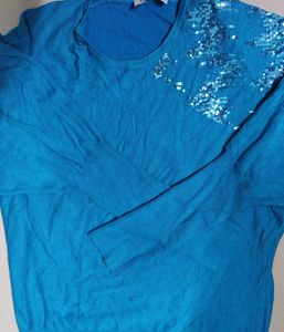 Blue Sequin Embellished Knit Top