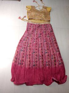 Vibrant Yellow &amp; Pink Mirror Work Ghaghra Choli wi