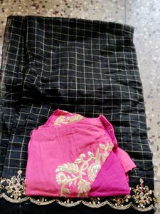 Cut Work Saree With Blouse Black And Pink
