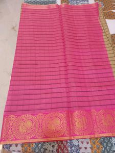 Golden yellow and Pink cotton silk saree With Zari