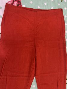 Coral Orange Solid Cropped Cigarette Trouser Pant